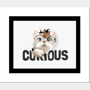 cute cat and butterfly in curious paper hole illustration Posters and Art